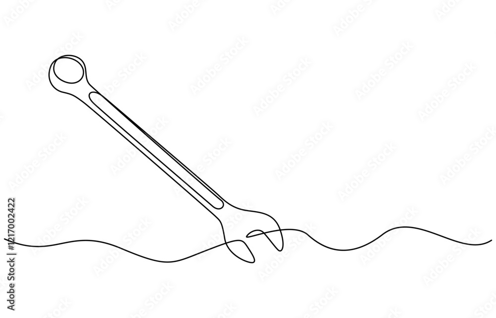 One mechanical wrench for nuts drawn in one continuous line drawing, Labor day wrench tools continuous one line drawing. One mechanical wrench for nuts drawn in one continuous line drawing, Labor day wrench tools continuous one line drawing.