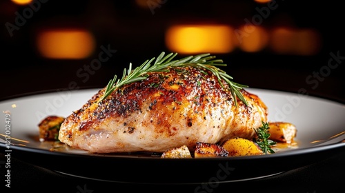 A beautifully roasted chicken breast garnished with herbs sits on a plate surrounded by golden roasted vegetables, set against a dark, elegant background. photo