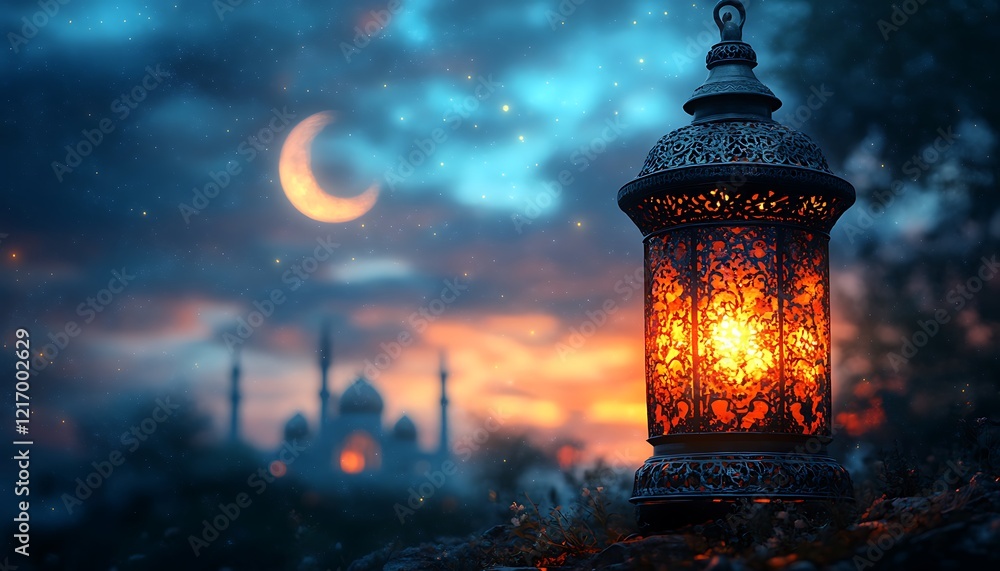 Illustration on the theme of Ramadan. An oriental carved lamp stands against the background of the golden moon and the starry sky. Illustration on the theme of Ramadan. An oriental carved lamp stands against the background of the golden moon and the starry sky.