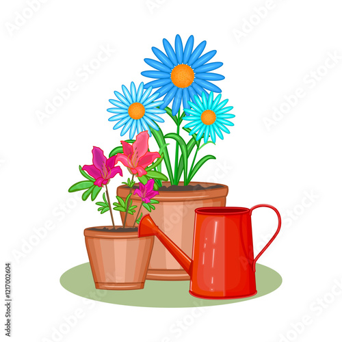 Flowers in pot and watering can on white background. Terracotta flowerpot with flower. Houseplant, Flower shop, potted plant, home garden concept.Potted plant spring seasonal.Stock vector illustration