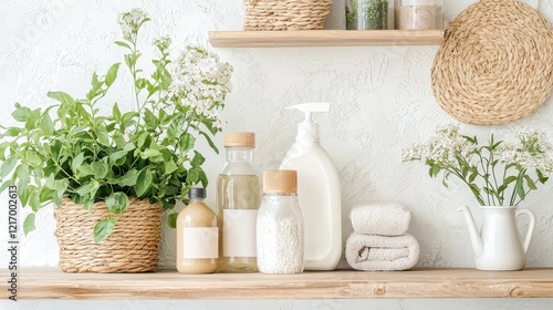 Natural Organic Home Decor Shelves with Greenery Flowers and Hygiene Products