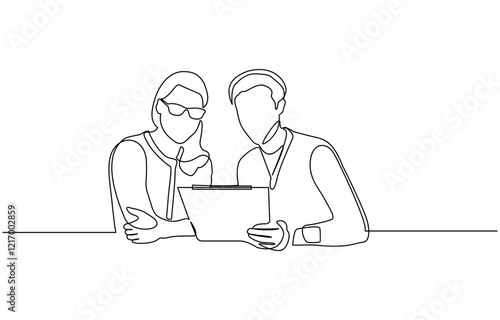 Continuous One Line Drawing of Business Group with  in Office woman and Man Working One Line Illustration, Business people group in continuous one line art drawing.