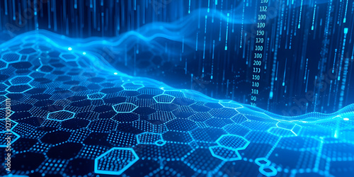 Abstract digital landscape, blue neon waves, data streams, futuristic grid, cyberpunk aesthetics, binary code rain, glowing energy lines, virtual reality, technological ocean, matrix-inspired backgrou