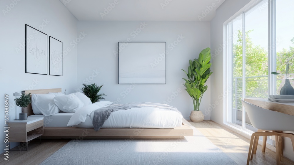 Fototapeta premium Serene Minimalist Bedroom Design: Modern Interior with Natural Light