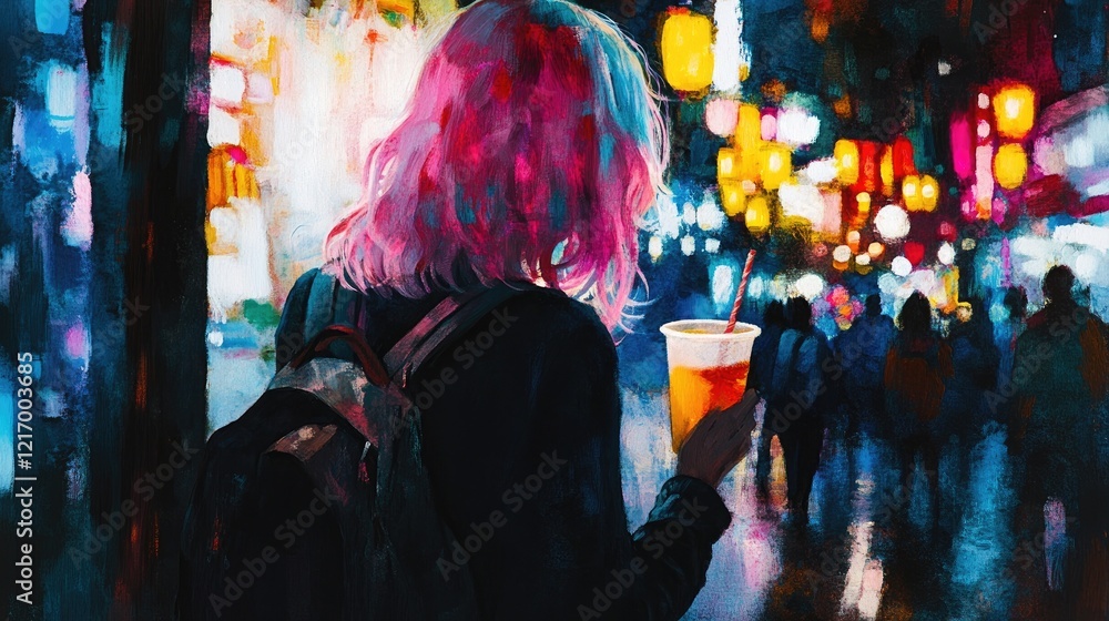 Vibrant Cityscape: Pink-Haired Girl with Drink, Impressionistic Style Vibrant Cityscape: Pink-Haired Girl with Drink, Impressionistic Style