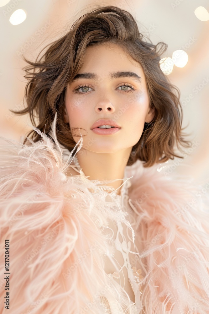 Chic Woman In Pink Feathered Attire, Modern Elegance. Chic Woman In Pink Feathered Attire, Modern Elegance.
