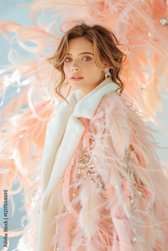 Chic Model Adorned With Pink Feathers, Radiant Look Chic Model Adorned With Pink Feathers, Radiant Look