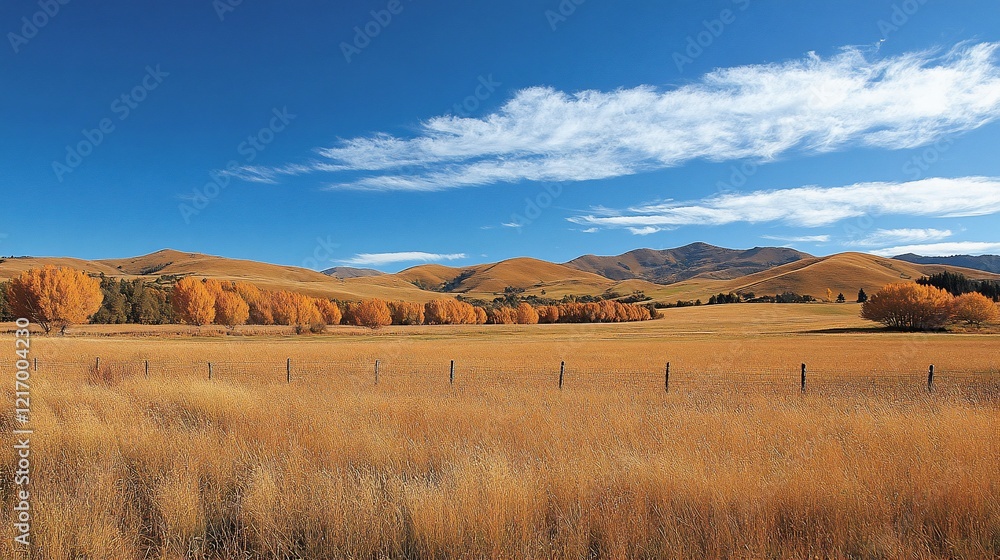 Fototapeta premium Serene Autumnal Landscape: Golden Fields and Rolling Hills Under a Blue Sky