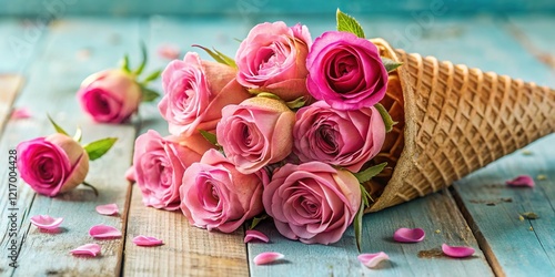 Pink Rose Bouquet in Waffle Cone - Delightful Summer Still Life