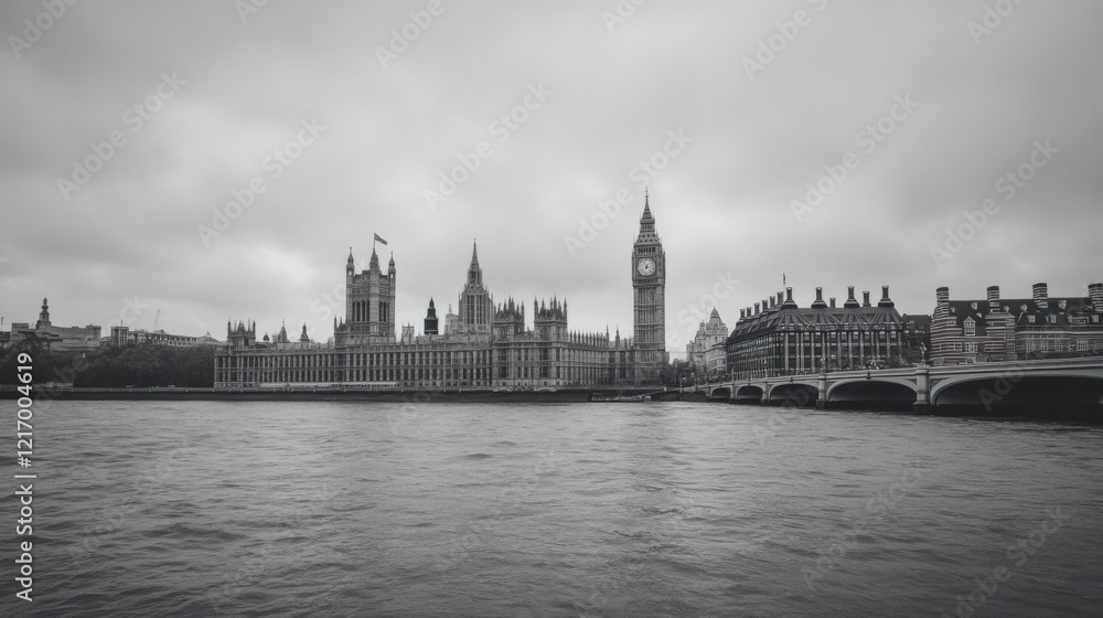 Naklejka premium Historic Parliament Building and Big Ben Tower Overcast Sky Reflected in River Thames