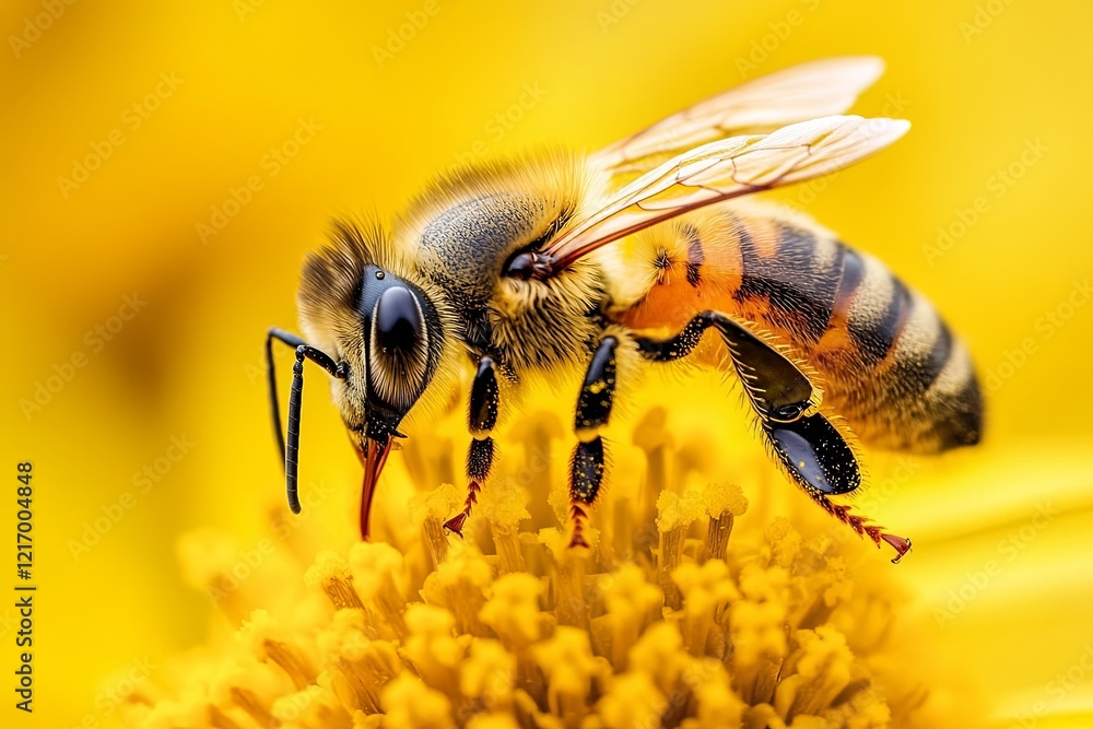 A single bee on a yellow flower, captured against a soft rural background. picture A single bee on a yellow flower, captured against a soft rural background. picture