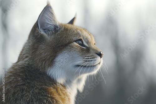 Close-up profile of a lynx, its gaze directed to the right, set against a softly blurred woodland background. photo