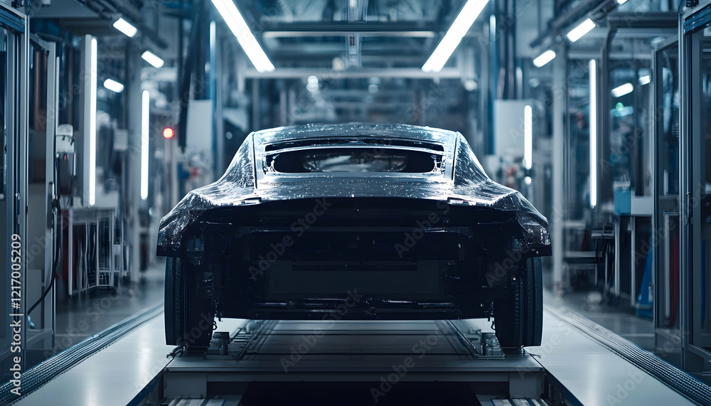 Obraz premium Car assembly line in a modern factory, highlighting the advanced technology and streamlined processes in vehicle manufacturing -