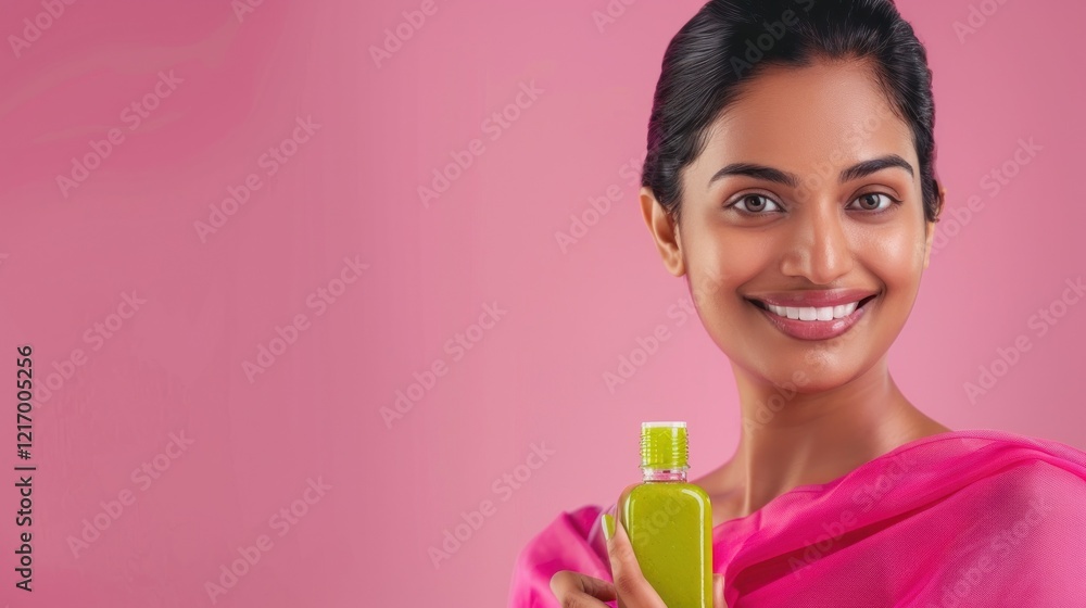 Woman In Pink With Vibrant Liquid Bottle Smiling Woman In Pink With Vibrant Liquid Bottle Smiling