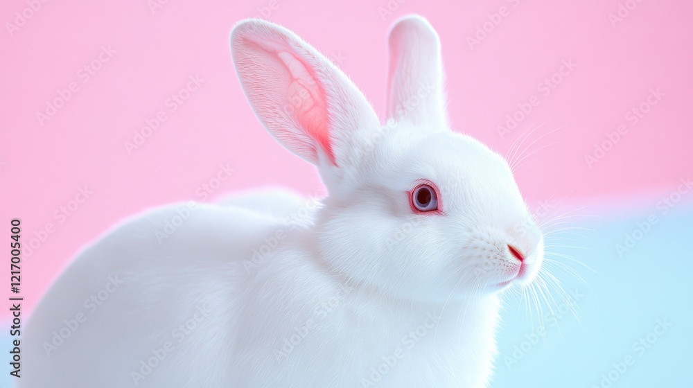 Fototapeta premium A cute white rabbit with pink ears sits against a soft pastel pink and blue background, creating a dreamy, cinematic atmosphere.