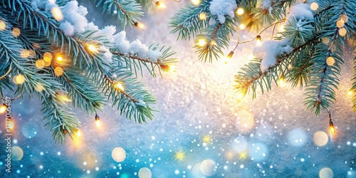 Sparkling Winter New Year Background: Frosted Pine, Snowflakes & Lights