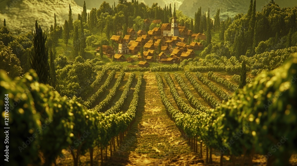 Hillside village vineyard sunset, idyllic rural scene, travel brochure Hillside village vineyard sunset, idyllic rural scene, travel brochure