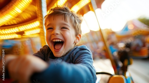 A charming image of a boy filled with happiness as he rides a colorful carousel, perfectly capturing the carefree spirit and joy of childhood experiences. photo