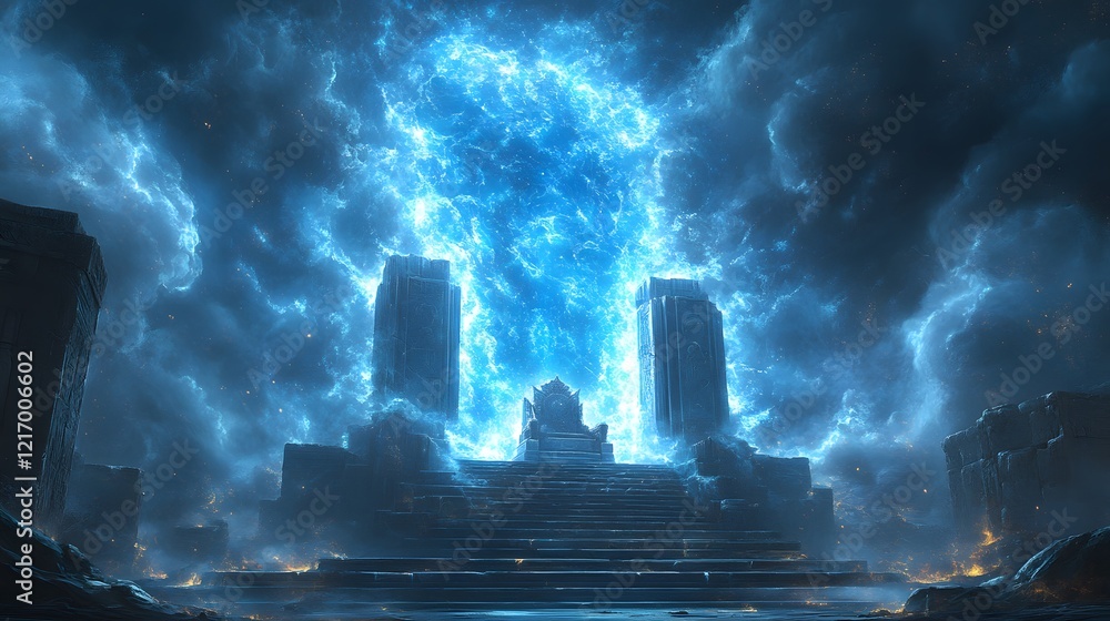 An Enchanting Illustration of a Magnificent Ancient Throne Surrounded by Vibrant Light and Mystical Fog in a Stone Sanctuary An Enchanting Illustration of a Magnificent Ancient Throne Surrounded by Vibrant Light and Mystical Fog in a Stone Sanctuary