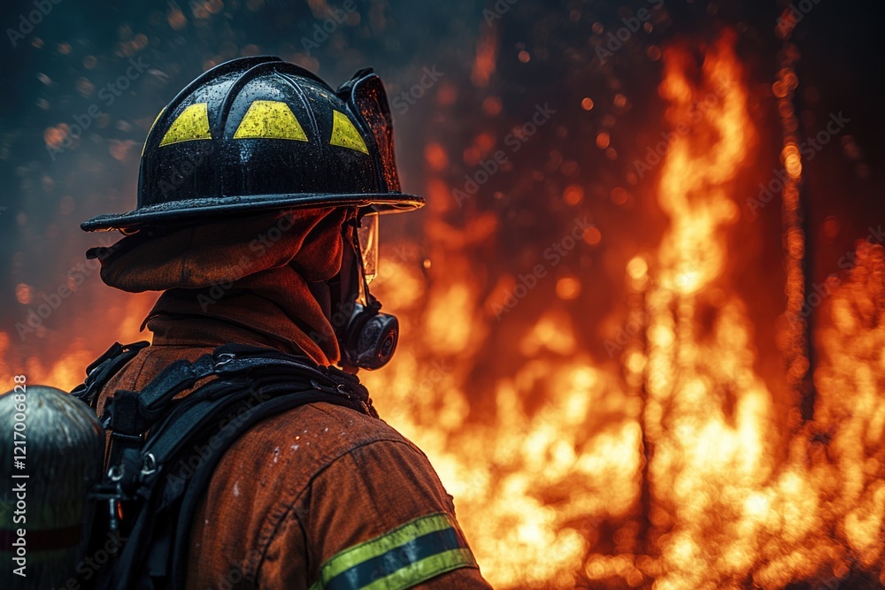 A firefighter wearing a helmet and holding a fire hose, ready for action A firefighter wearing a helmet and holding a fire hose, ready for action