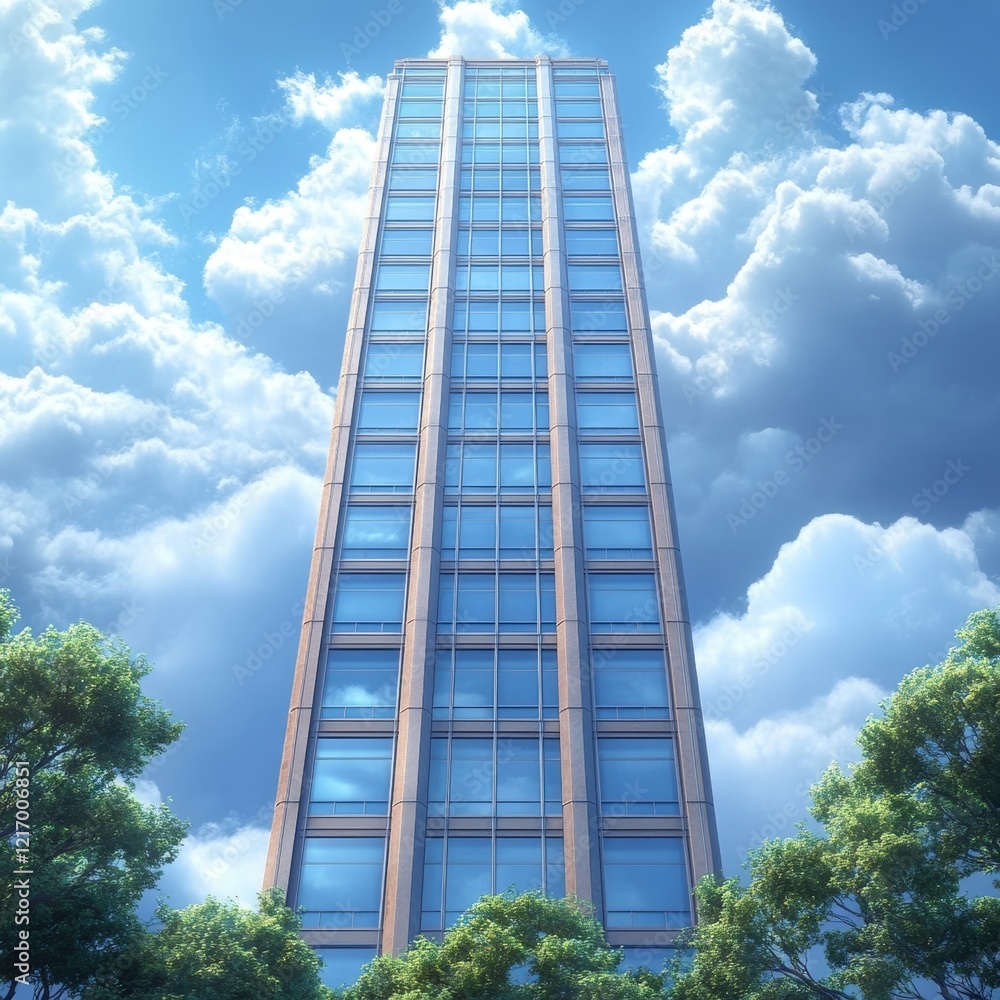 Tall building with a lot of windows and a cloudy sky in the background Tall building with a lot of windows and a cloudy sky in the background