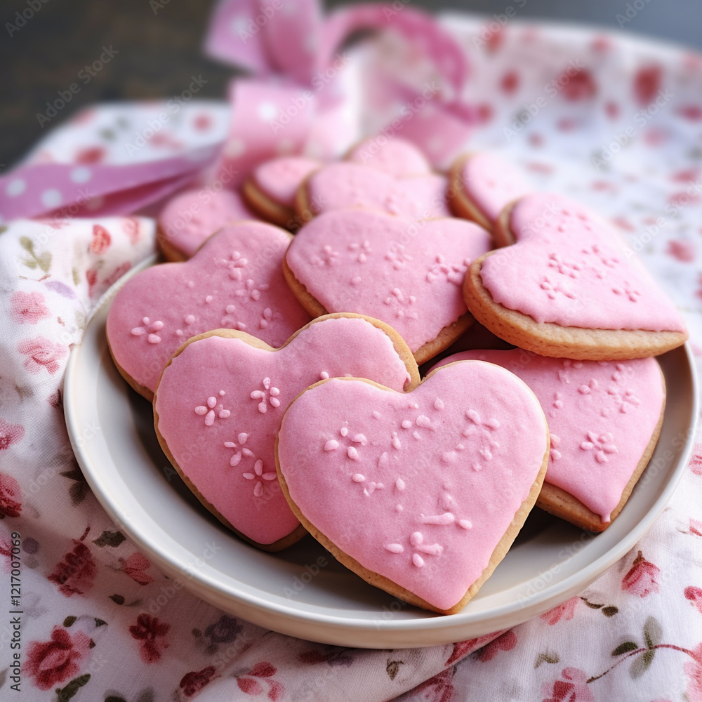 Heart shaped cookies on a plate. Valentines Day homemade baked snack. Heart shaped cookies on a plate. Valentines Day homemade baked snack.