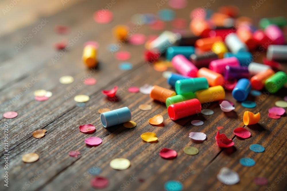 Empty caps and scattered confetti on a wooden table background , wooden, table Empty caps and scattered confetti on a wooden table background , wooden, table