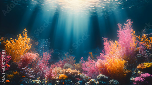 Fototapeta Naklejka Na Ścianę i Meble -  Vibrant coral reef underwater sunlight ocean scene