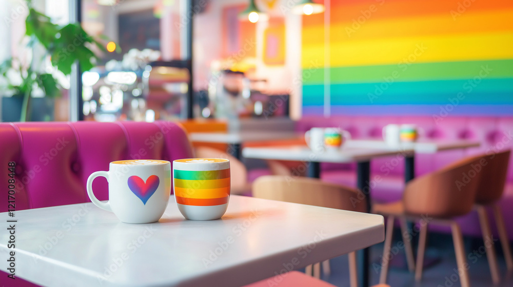 Bright coffee shop with rainbow-themed decor and mugs, symbolizing inclusivity, LGBTQ+ pride, and community connection.