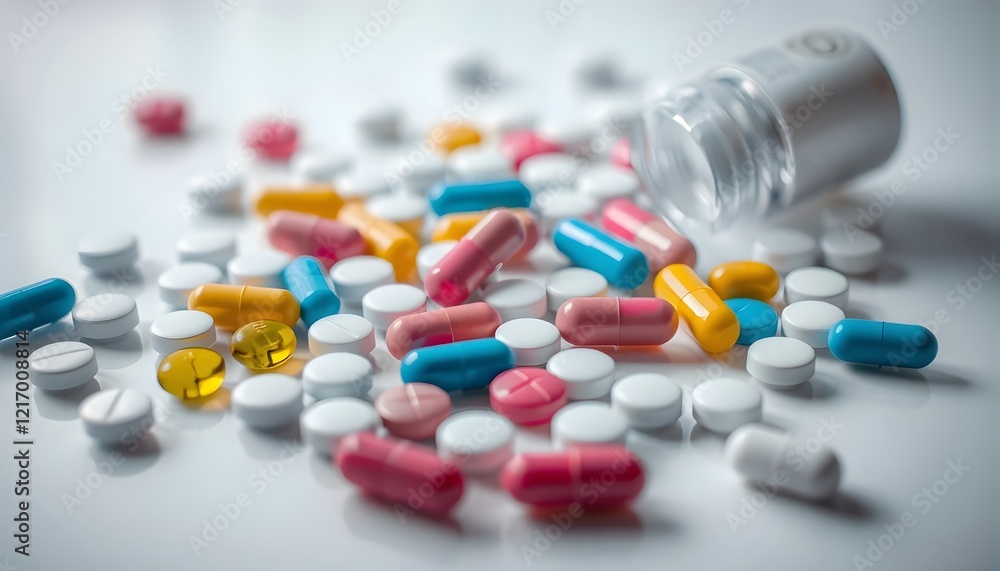 Colorful Capsules and Pills Spilled From Bottle Colorful Capsules and Pills Spilled From Bottle