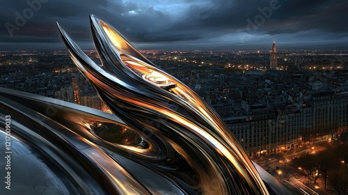 Futuristic Paris building design, nighttime city view photo