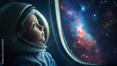 Child wearing a space helmet gazing at the stars through a spaceship window, symbolizing curiosity, exploration, and the wonder of space.