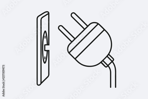 Two prong electric plug socket for electric instrument plug with socket board, two prong socket plug line and two ping plugs vector illustrations
