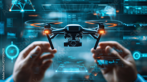 Close-up of hands operating a futuristic drone with holographic interface, symbolizing advanced technology and innovation.
