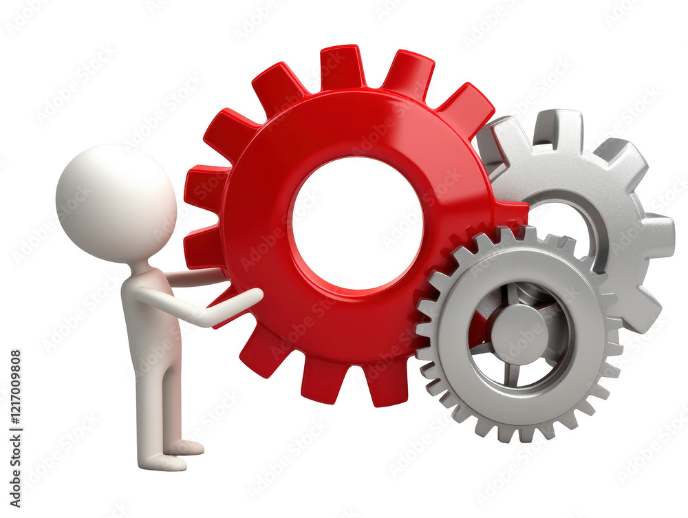 Isolated Man Connecting Red and Silver Gears Isolated Man Connecting Red and Silver Gears