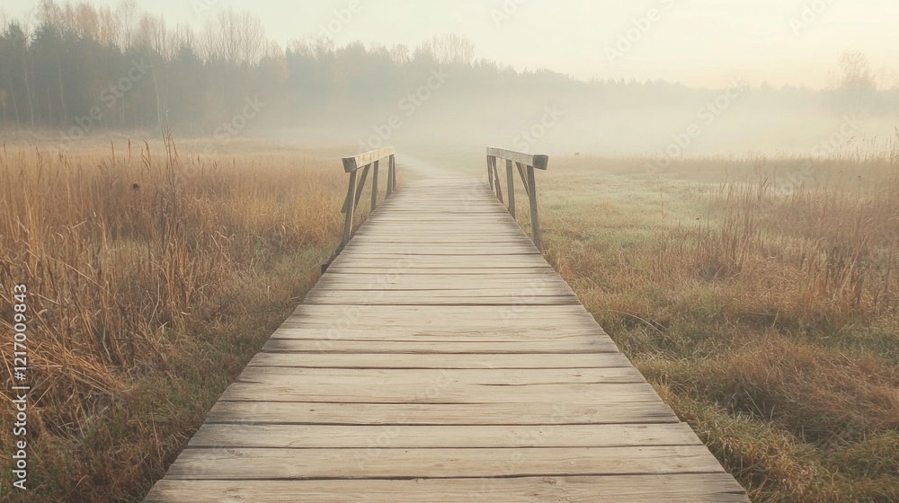 Fototapeta premium Serene wooden walkway leading into a misty landscape at dawn, surrounded by tall grass and trees