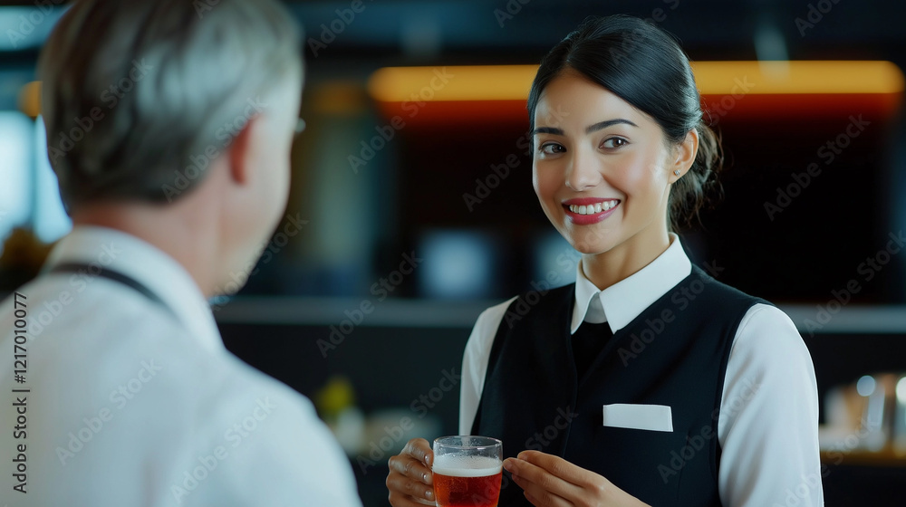 Smiling flight attendant serving a drink to a passenger in an elegant cabin, symbolizing professionalism and excellent service.
