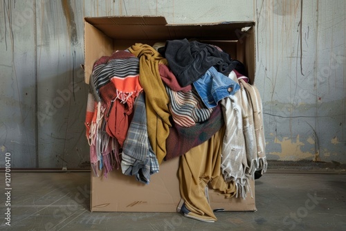 Overflowing cardboard box filled with warm clothing donations for those in need photo