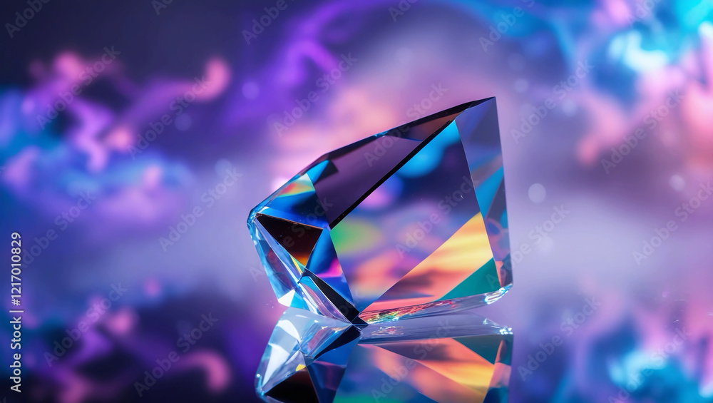 Close-up of a glossy crystal block with a multicoloured gradient reflection on a hazy mirror surface set against an abstract background Close-up of a glossy crystal block with a multicoloured gradient reflection on a hazy mirror surface set against an abstract background