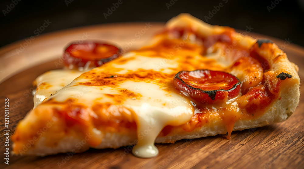 A slice of fried, hot Italian pizza with sticky cheese. A slice of fried, hot Italian pizza with sticky cheese.
