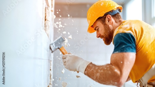 A dedicated construction worker is breaking tiles off a wall with a hammer and chisel, showcasing the hands-on approach of renovation and home improvement.