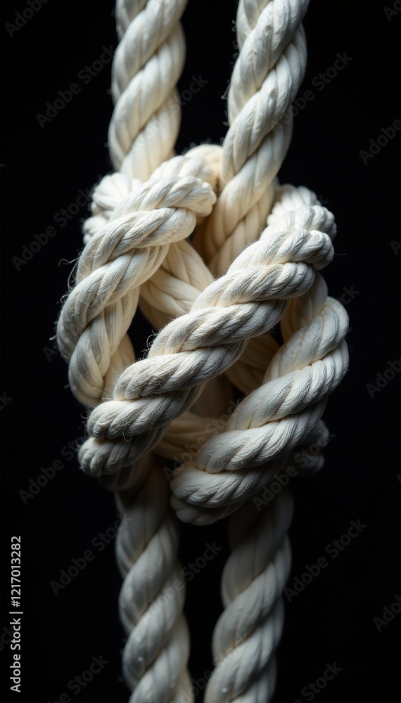 Intertwined white ropes, reef knot, black background , ocean, ships rope Intertwined white ropes, reef knot, black background , ocean, ships rope
