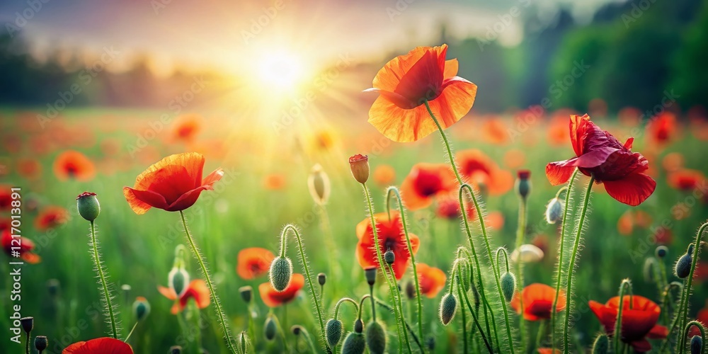 Fototapeta premium Minimalist Red Poppy Field, Lush Green Grass, Summer Meadow, Countryside Landscape