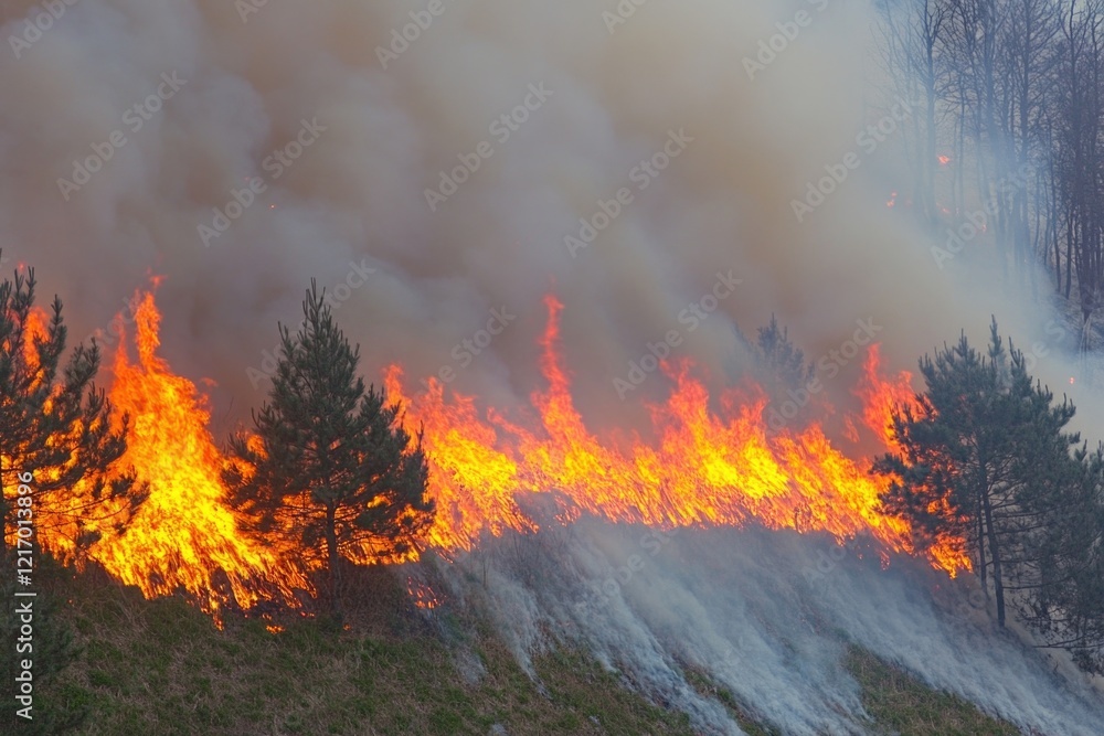 A burning fire in the distance behind some trees A burning fire in the distance behind some trees