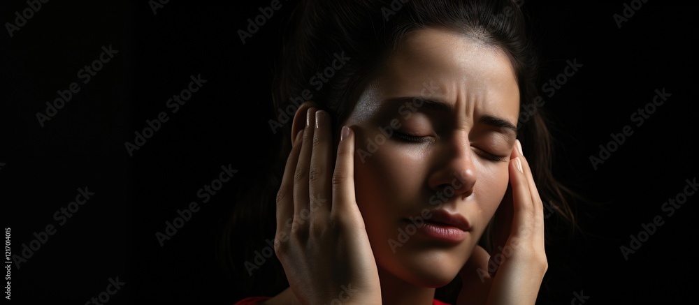 Fototapeta premium Woman Experiencing Severe Headache or Migraine Pain, Dramatic Low-Key Portrait