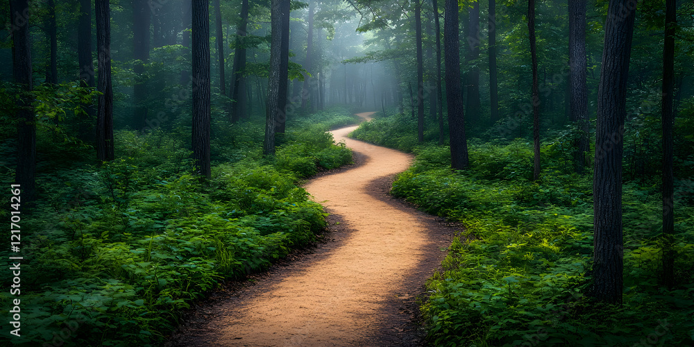 Naklejka premium Winding forest path, misty morning, nature scene, travel poster