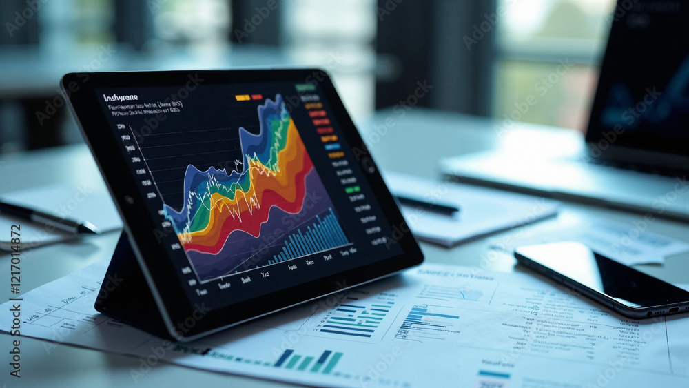 High-resolution stock photo of a digital tablet displaying economic growth analysis in a modern office setting, ideal for financial presentations, corporate training, and digital marketing campaigns. High-resolution stock photo of a digital tablet displaying economic growth analysis in a modern office setting, ideal for financial presentations, corporate training, and digital marketing campaigns.