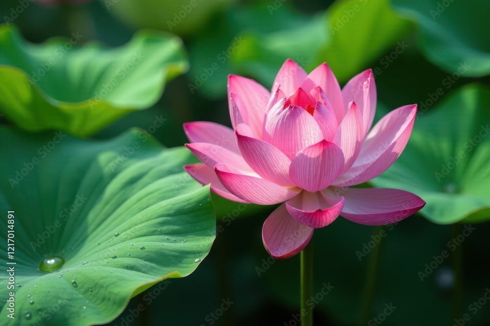 Large water drops on vibrant green lotus leaf, calm, leaf Large water drops on vibrant green lotus leaf, calm, leaf