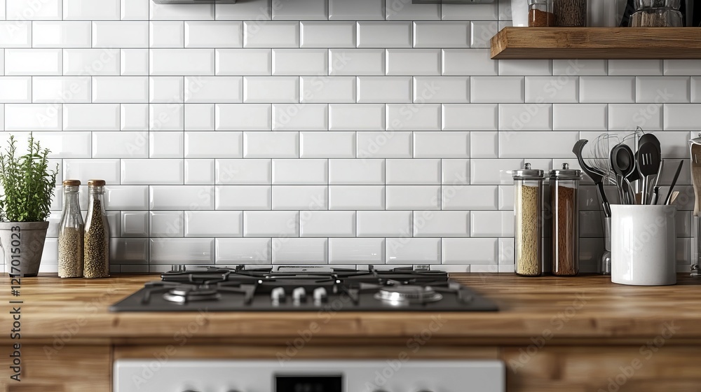 Fototapeta premium Charming Modern Kitchen Featuring a Stylish Stove Surrounded by Vibrant Potted Plants Creating a Warm and Inviting Atmosphere Perfect for Culinary Creativity and Relaxed Gatherings