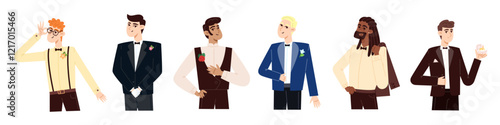 Set of Grooms at the wedding in flat style